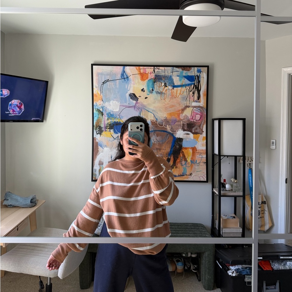 Striped Crewneck Sweater in Light Brown and White